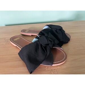 Frances Valentine Bow Flat Sandals Black Frayed Bow Size 6